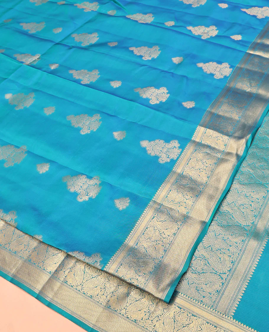 Blue Vasundhara Lite Silk Mix Saree, Elevated with Zari Buttas All Over Its Body, Highlighted by Zari Border of Thilakam Mokku, Mayil Kann, And Mayil Designs, Grand Pallu and Paired with a Matching Blouse - Image 2