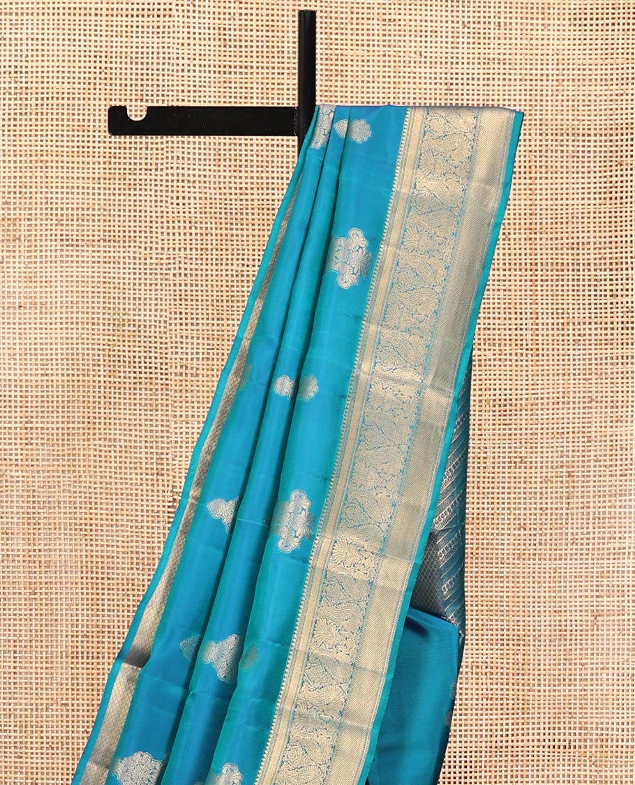 Blue Vasundhara Lite Silk Mix Saree, Elevated with Zari Buttas All Over Its Body, Highlighted by Zari Border of Thilakam Mokku, Mayil Kann, And Mayil Designs, Grand Pallu and Paired with a Matching Blouse - Image 3