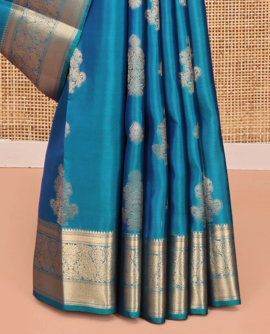 Blue Vasundhara Lite Silk Mix Saree, Elevated with Zari Buttas All Over Its Body, Highlighted by Zari Border of Thilakam Mokku, Mayil Kann, And Mayil Designs, Grand Pallu and Paired with a Matching Blouse - Image 4