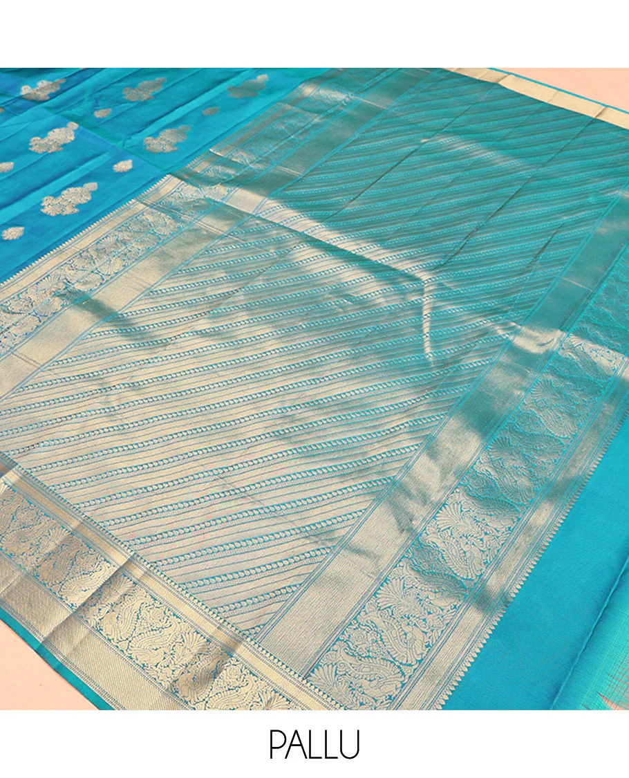 Blue Vasundhara Lite Silk Mix Saree, Elevated with Zari Buttas All Over Its Body, Highlighted by Zari Border of Thilakam Mokku, Mayil Kann, And Mayil Designs, Grand Pallu and Paired with a Matching Blouse - Image 5