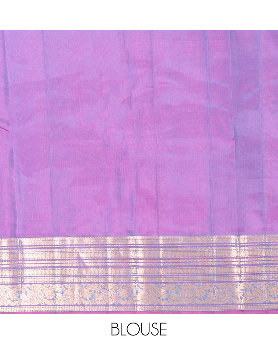 Blue Vasundhara Lite-Silk Mix Saree, Featuring Deer Buttas All Over Its Body, Complemented by a Contrast Border of Thilakam Mokku, Muthu, Kamalam, Neli, Manga, and Kodi Visiry Designs, Opulently Embellished Pallu, and Paired with a Contrast Blouse - Image 6