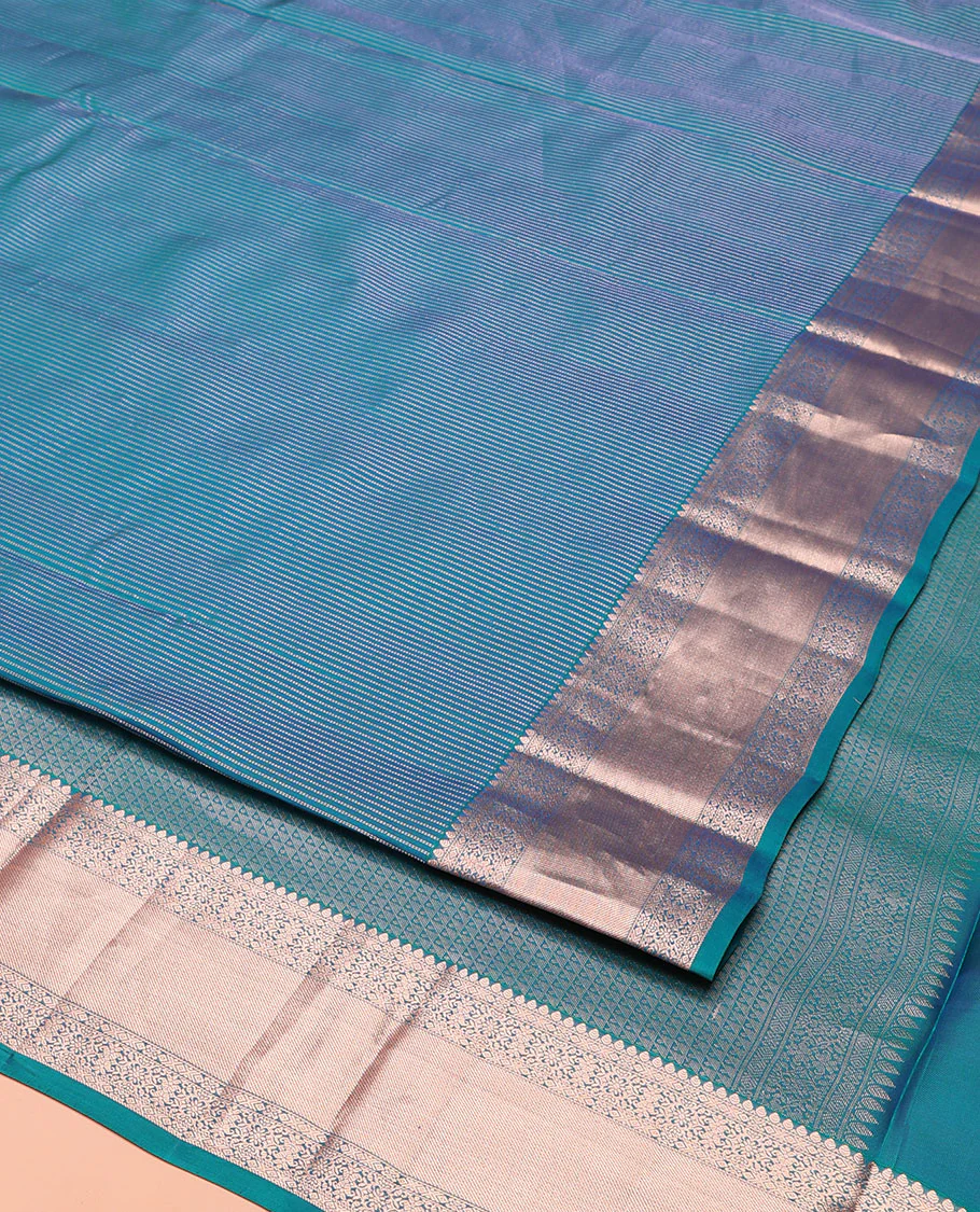 Blue Vasundhara Lite-Silk Mix Saree, Graced with Muthu Stripes, Highlighted by a Zari Border, Grand Pallu of Geometric Patterns, and Paired with a Matching Blouse - Image 3