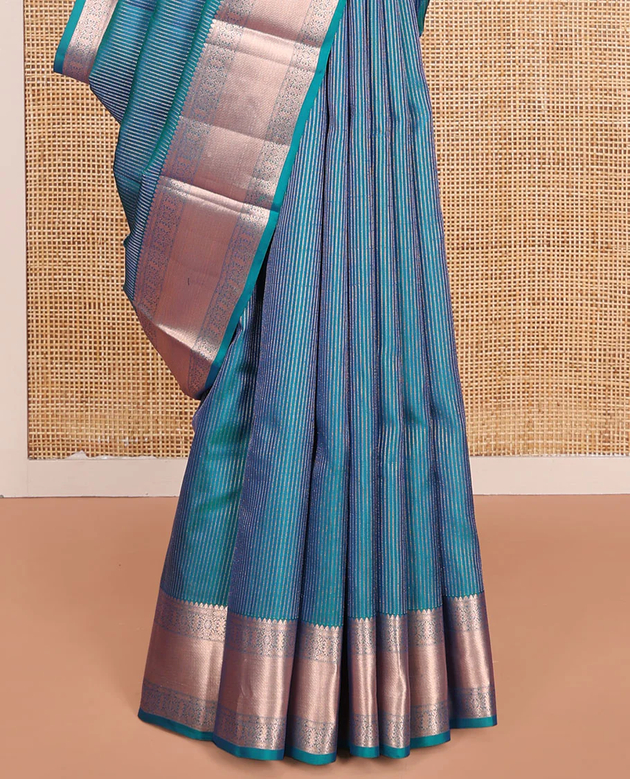Blue Vasundhara Lite-Silk Mix Saree, Graced with Muthu Stripes, Highlighted by a Zari Border, Grand Pallu of Geometric Patterns, and Paired with a Matching Blouse - Image 4