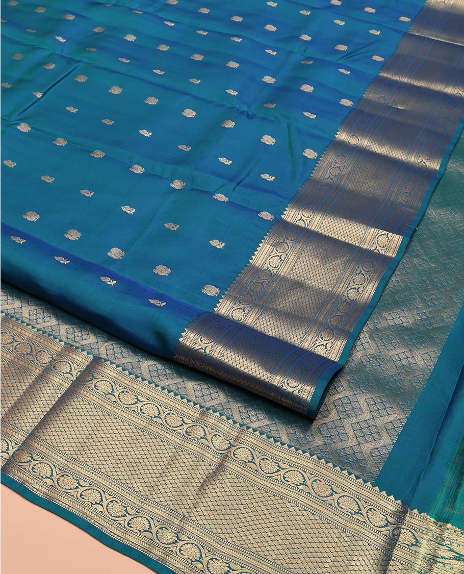 Blue Vasundhara Lite Silk Mix Saree, Graced with Zari Buttas All Over Its Body, Highlighted by a Zari Border of Rekku, Muthu, Kathir, Kodi Visiry, and Jaal Designs, Grand Jaal Pallu, and Paired with a Matching Blouse - Image 2