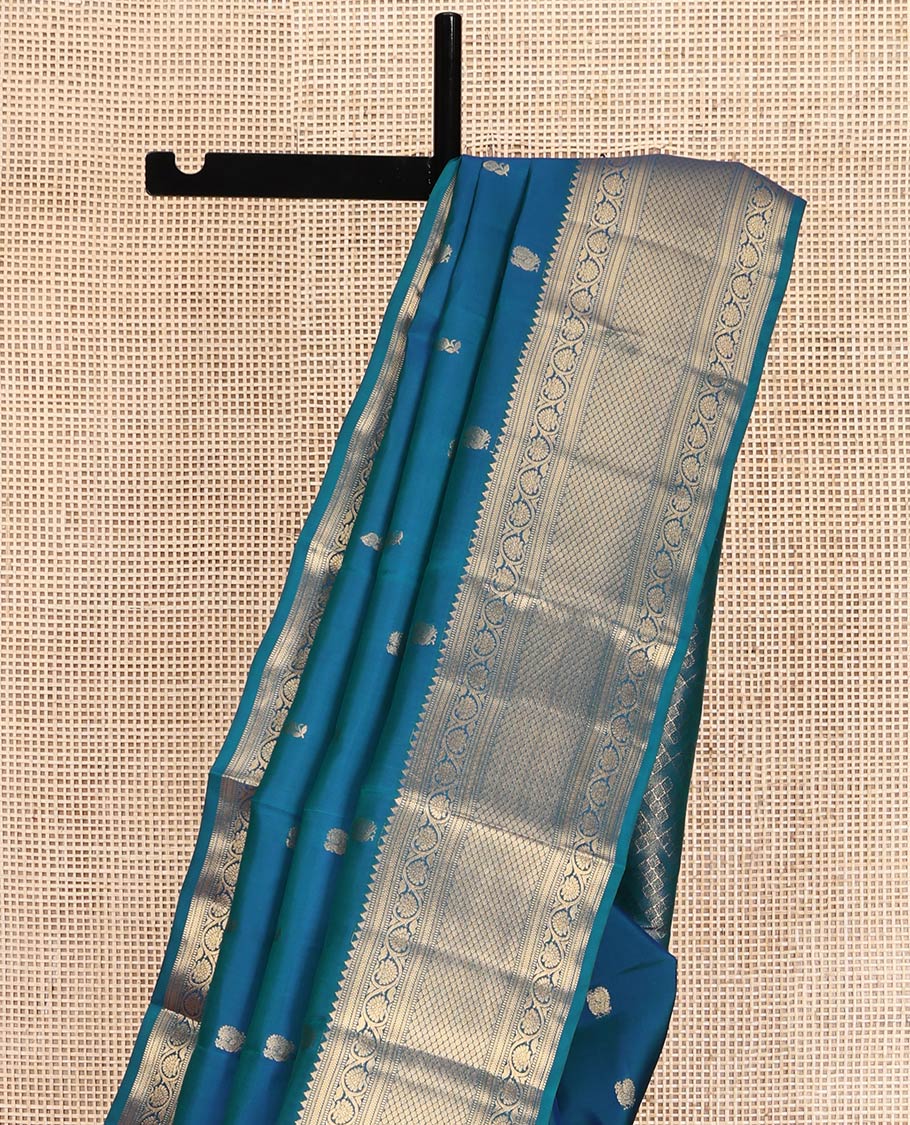 Blue Vasundhara Lite Silk Mix Saree, Graced with Zari Buttas All Over Its Body, Highlighted by a Zari Border of Rekku, Muthu, Kathir, Kodi Visiry, and Jaal Designs, Grand Jaal Pallu, and Paired with a Matching Blouse - Image 3