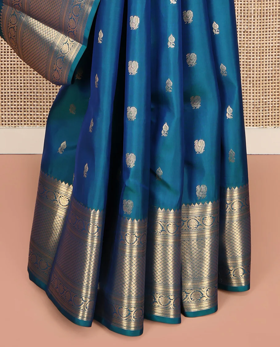 Blue Vasundhara Lite Silk Mix Saree, Graced with Zari Buttas All Over Its Body, Highlighted by a Zari Border of Rekku, Muthu, Kathir, Kodi Visiry, and Jaal Designs, Grand Jaal Pallu, and Paired with a Matching Blouse - Image 4