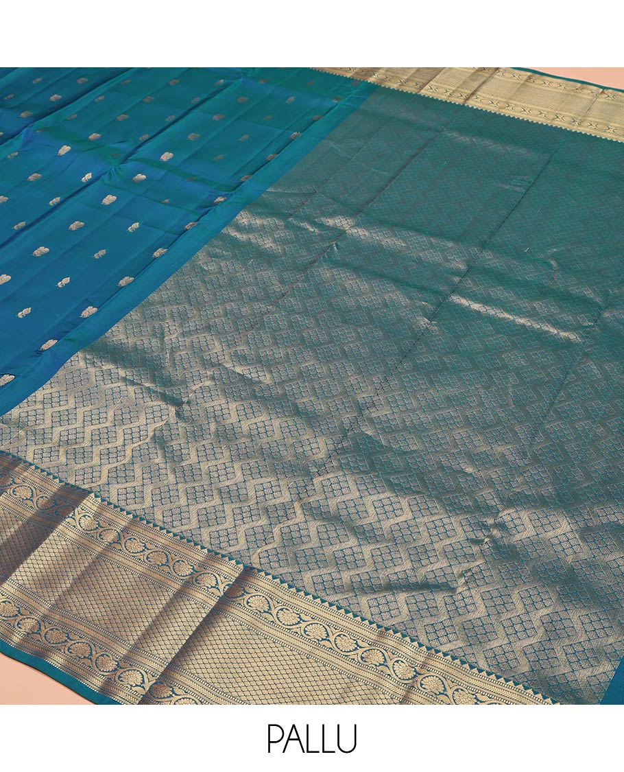 Blue Vasundhara Lite Silk Mix Saree, Graced with Zari Buttas All Over Its Body, Highlighted by a Zari Border of Rekku, Muthu, Kathir, Kodi Visiry, and Jaal Designs, Grand Jaal Pallu, and Paired with a Matching Blouse - Image 5