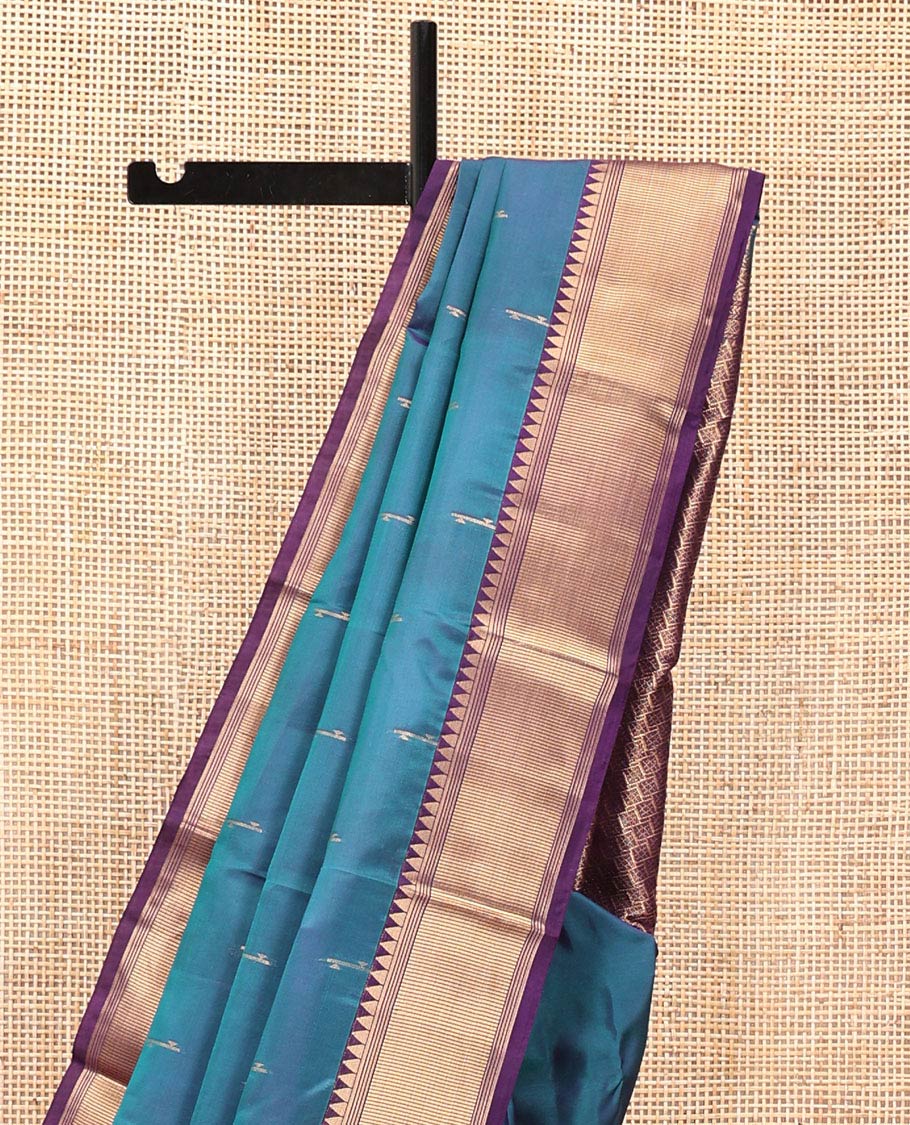 Blue Vasundhara Lite Silk Mix Saree, Sparsely Woven with Zari Buttas All Over Its Body, Complemented by a Contrast Temple Border, Grandly Decked Up Pallu, and Paired with a Contrast Blouse - Image 3