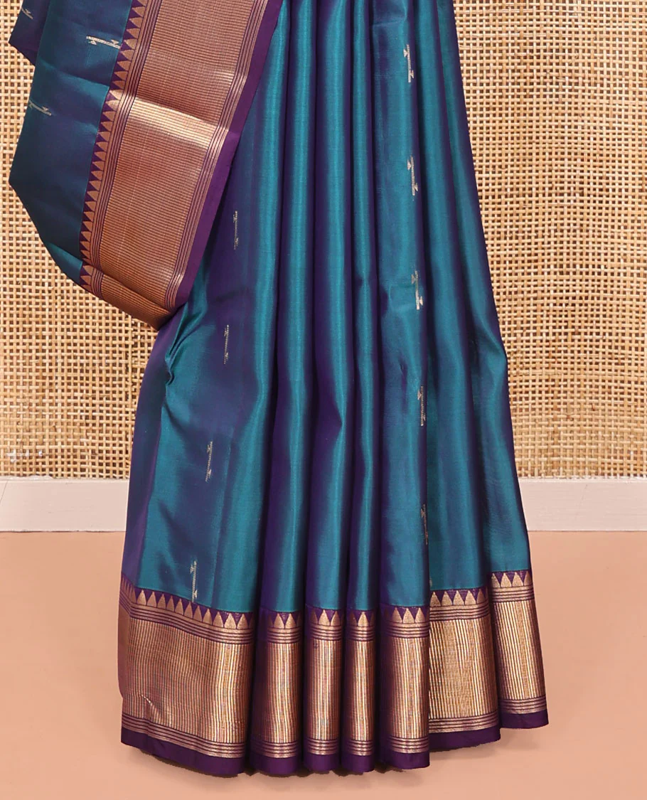 Blue Vasundhara Lite Silk Mix Saree, Sparsely Woven with Zari Buttas All Over Its Body, Complemented by a Contrast Temple Border, Grandly Decked Up Pallu, and Paired with a Contrast Blouse - Image 4