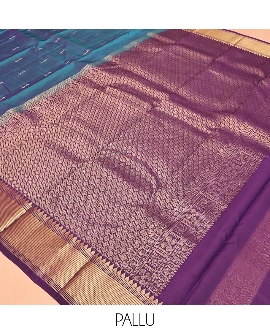 Blue Vasundhara Lite Silk Mix Saree, Sparsely Woven with Zari Buttas All Over Its Body, Complemented by a Contrast Temple Border, Grandly Decked Up Pallu, and Paired with a Contrast Blouse - Image 5
