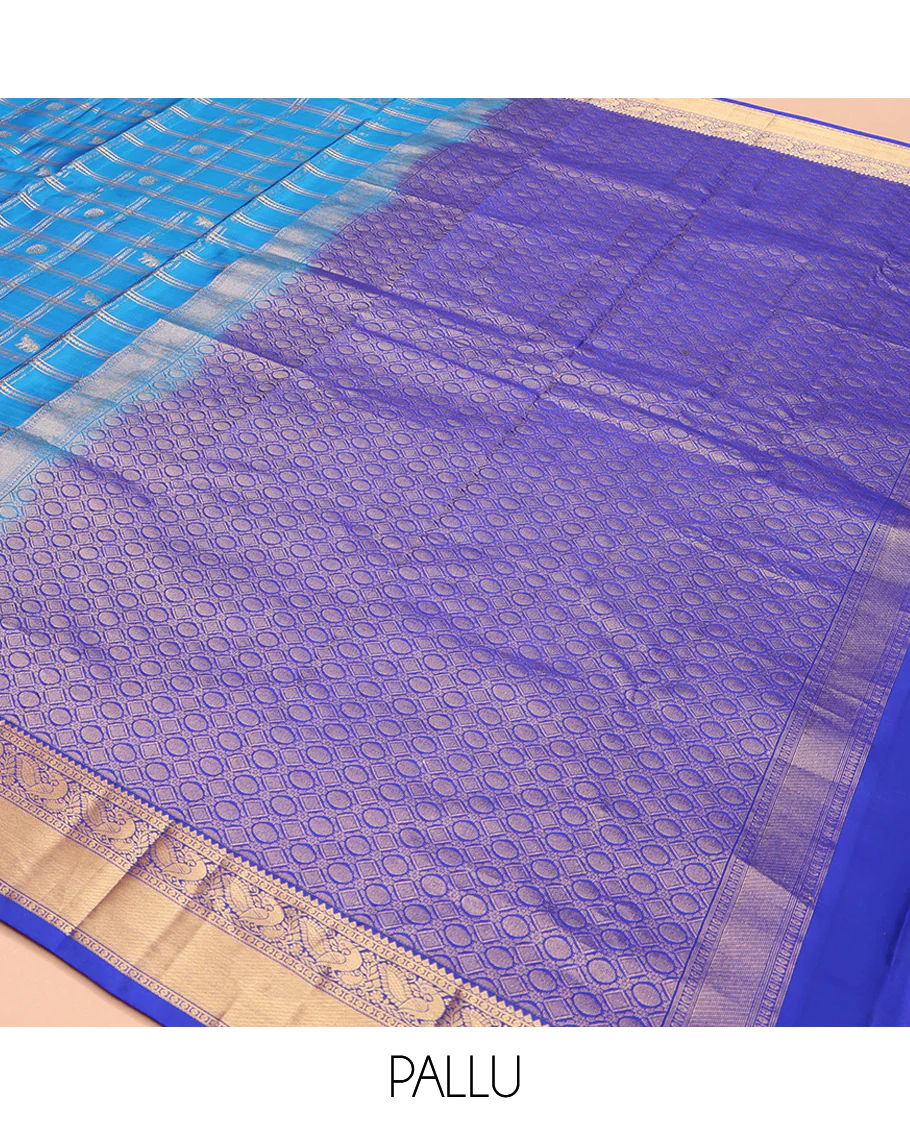 Blue Vasundhara Lite-Silk Mix Saree, Spotlighted with Yaanai, and Chakram Butta Enclosed Checks, Complemented by a Contrast Border of Thilakam, Poun, and Mayil Designs, Pallu Highlighted by Geometric Designs, and Paired with a Contrast Blouse - Image 5