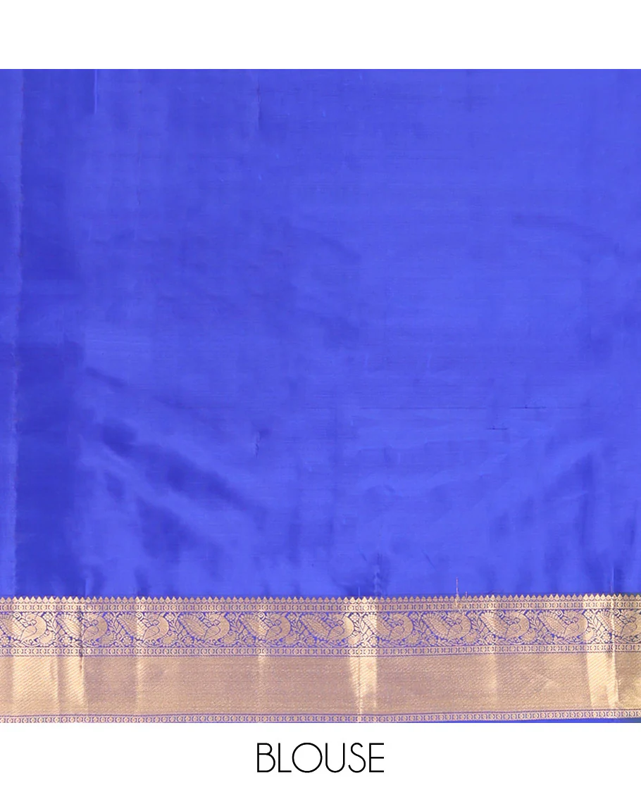 Blue Vasundhara Lite-Silk Mix Saree, Spotlighted with Yaanai, and Chakram Butta Enclosed Checks, Complemented by a Contrast Border of Thilakam, Poun, and Mayil Designs, Pallu Highlighted by Geometric Designs, and Paired with a Contrast Blouse - Image 6