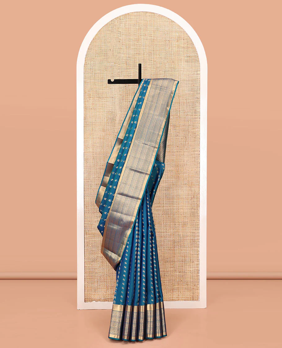 Blue Vasundhara Lite Silk Mix Saree, Steeped with the Richness of Zari Buttas All Over Its Body, Highlighted by Zari Border of Manga, Muthu, and Kodi Visiry Designs, Grand Jaal Pallu and Paired with a Matching Blouse