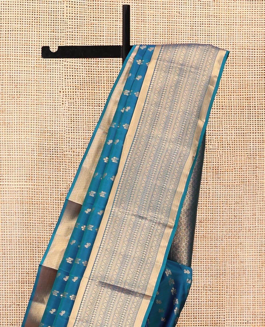 Blue Vasundhara Lite Silk Mix Saree, Steeped with the Richness of Zari Buttas All Over Its Body, Highlighted by Zari Border of Manga, Muthu, and Kodi Visiry Designs, Grand Jaal Pallu and Paired with a Matching Blouse - Image 3