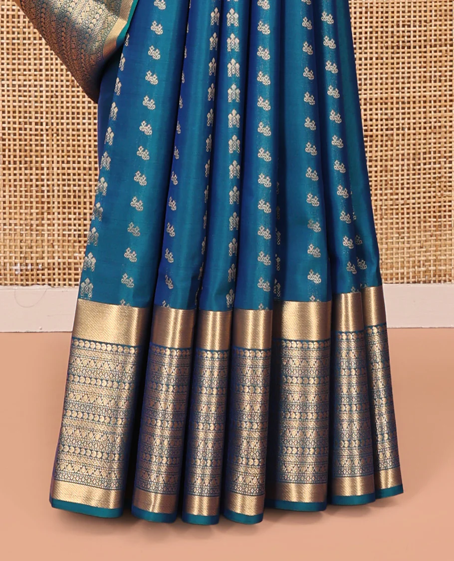 Blue Vasundhara Lite Silk Mix Saree, Steeped with the Richness of Zari Buttas All Over Its Body, Highlighted by Zari Border of Manga, Muthu, and Kodi Visiry Designs, Grand Jaal Pallu and Paired with a Matching Blouse - Image 4