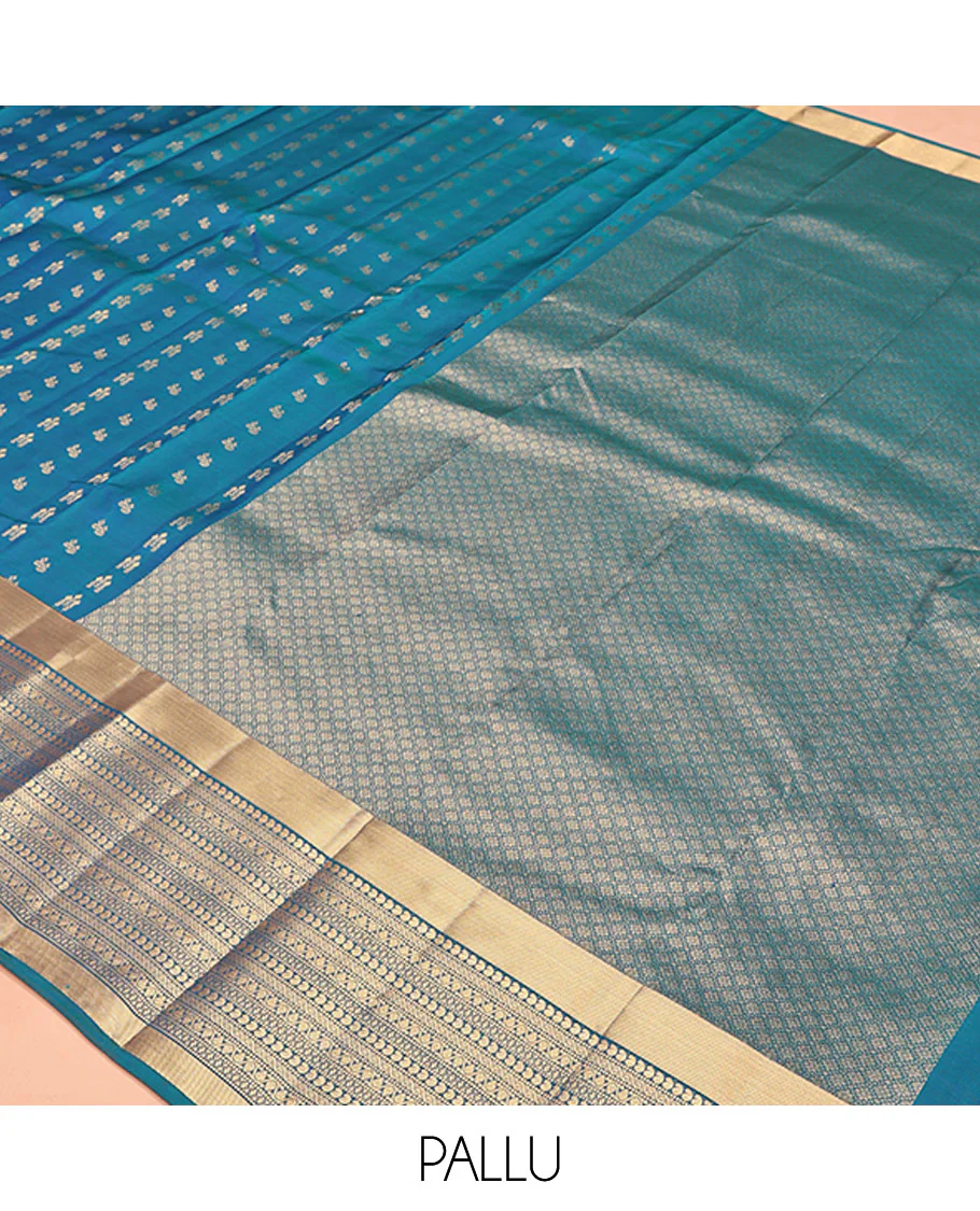 Blue Vasundhara Lite Silk Mix Saree, Steeped with the Richness of Zari Buttas All Over Its Body, Highlighted by Zari Border of Manga, Muthu, and Kodi Visiry Designs, Grand Jaal Pallu and Paired with a Matching Blouse - Image 5