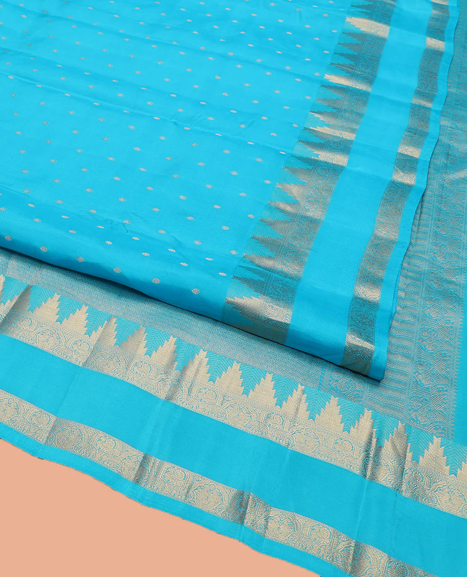 Blue Vasundhara Lite Silk Mix Saree, Subtly Sparkled with Zari Buttas All Over Its Body, Highlighted by a Zari Rettai Pettu Border of Thazampoo Rekku, Salngai, Yaanai and Mayil Designs, Gleaming Jaal Pallu, and Paired with a Matching Blouse - Image 2