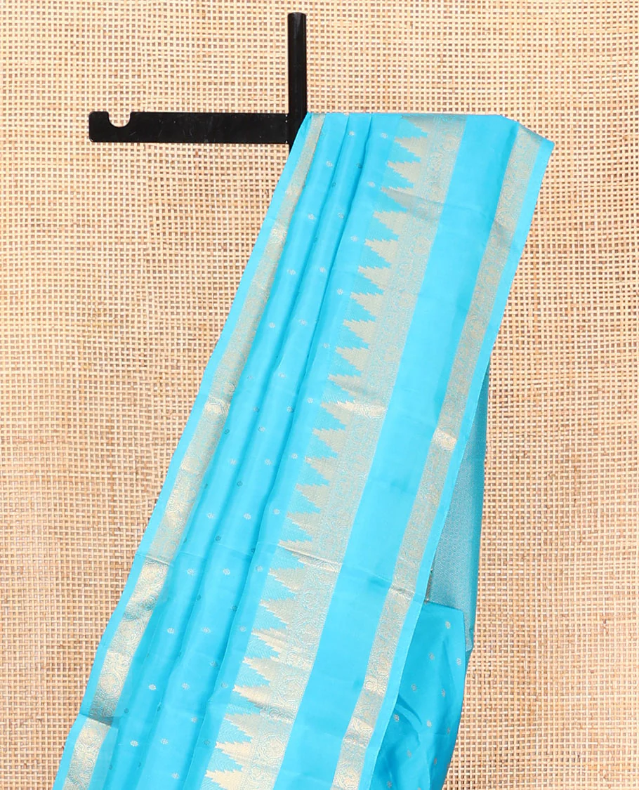 Blue Vasundhara Lite Silk Mix Saree, Subtly Sparkled with Zari Buttas All Over Its Body, Highlighted by a Zari Rettai Pettu Border of Thazampoo Rekku, Salngai, Yaanai and Mayil Designs, Gleaming Jaal Pallu, and Paired with a Matching Blouse - Image 3