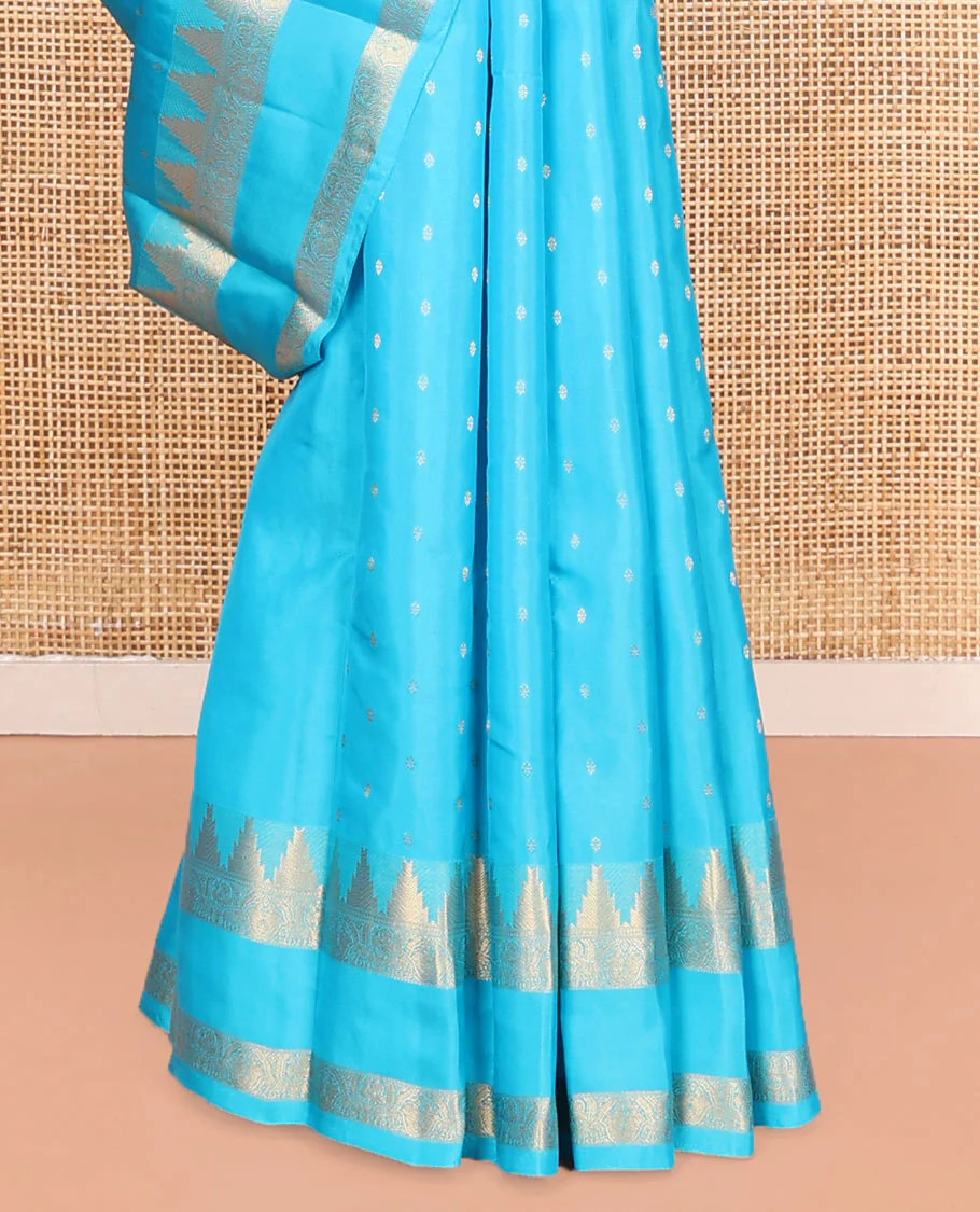 Blue Vasundhara Lite Silk Mix Saree, Subtly Sparkled with Zari Buttas All Over Its Body, Highlighted by a Zari Rettai Pettu Border of Thazampoo Rekku, Salngai, Yaanai and Mayil Designs, Gleaming Jaal Pallu, and Paired with a Matching Blouse - Image 4