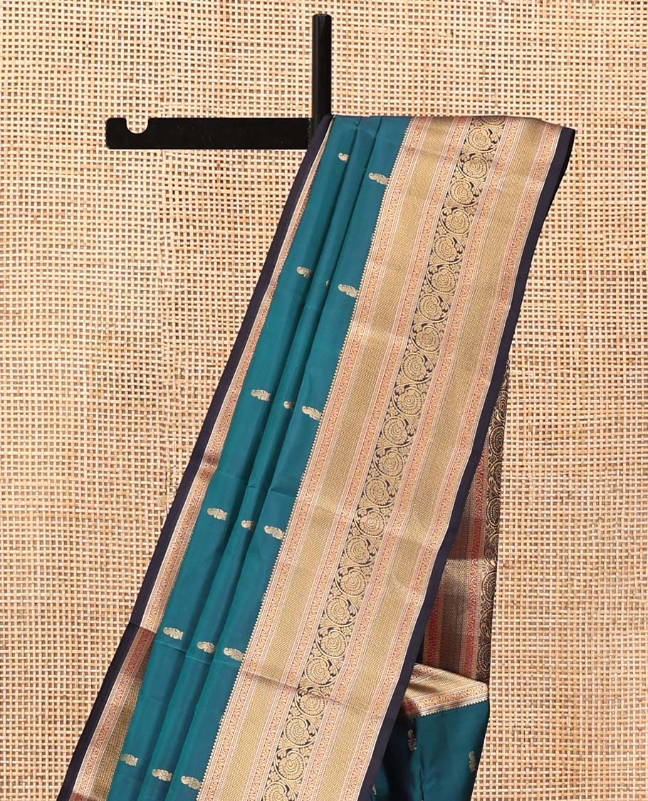 Blue Vasundhara Lite Silk Saree, Graced with Zari Buttas All Over Its Body, Complemented by Contrast Border of Mayil Kann and Dhavana Kodi Designs, Grand Jaal Pallu and Paired with a Contrast Blouse - Image 3