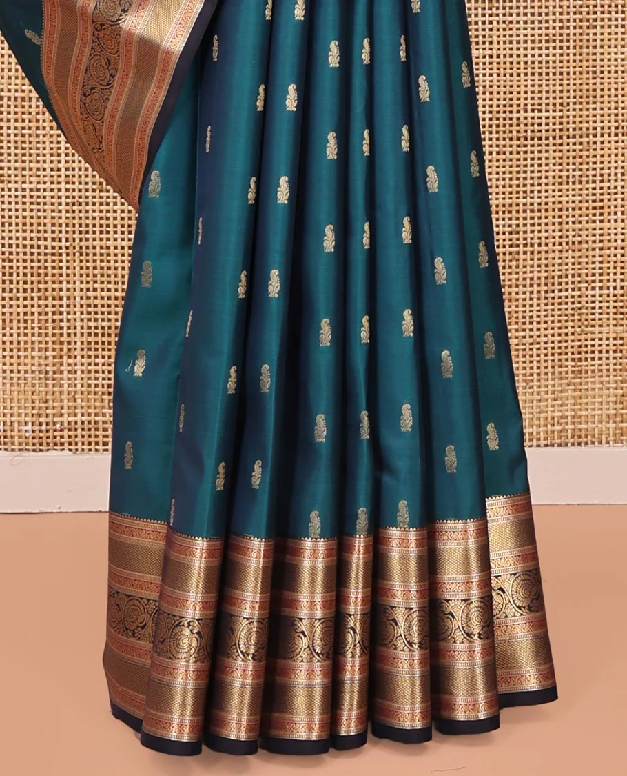 Blue Vasundhara Lite Silk Saree, Graced with Zari Buttas All Over Its Body, Complemented by Contrast Border of Mayil Kann and Dhavana Kodi Designs, Grand Jaal Pallu and Paired with a Contrast Blouse - Image 4