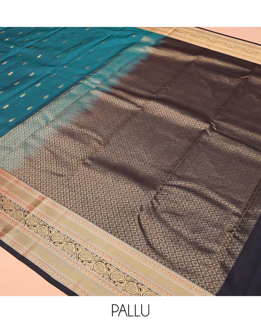 Blue Vasundhara Lite Silk Saree, Graced with Zari Buttas All Over Its Body, Complemented by Contrast Border of Mayil Kann and Dhavana Kodi Designs, Grand Jaal Pallu and Paired with a Contrast Blouse - Image 5
