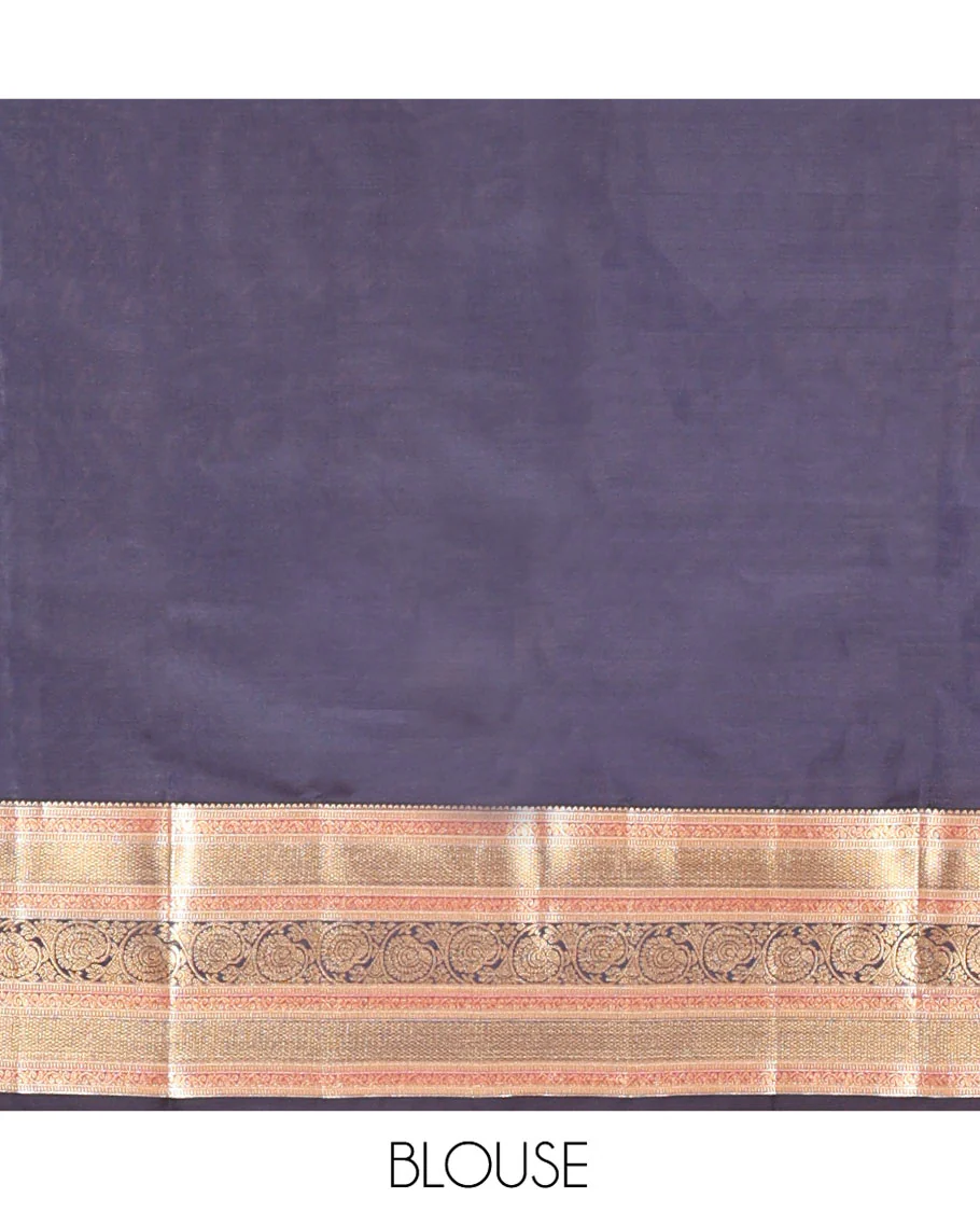 Blue Vasundhara Lite Silk Saree, Graced with Zari Buttas All Over Its Body, Complemented by Contrast Border of Mayil Kann and Dhavana Kodi Designs, Grand Jaal Pallu and Paired with a Contrast Blouse - Image 6