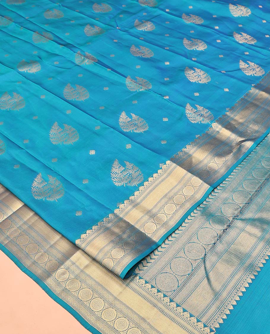 Blue Vasundhara Silk Mix Saree, Detailed with Zari Buttas All Over Its Body, Highlighted by Zari Border of Diamond and Chakram Designs, Grand Vanki Design Pallu, and Paired with a Matching Blouse - Image 2