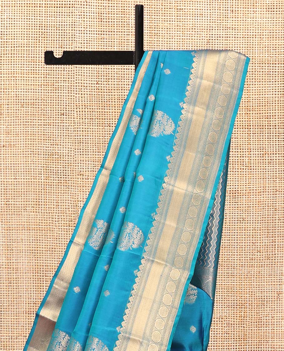 Blue Vasundhara Silk Mix Saree, Detailed with Zari Buttas All Over Its Body, Highlighted by Zari Border of Diamond and Chakram Designs, Grand Vanki Design Pallu, and Paired with a Matching Blouse - Image 3