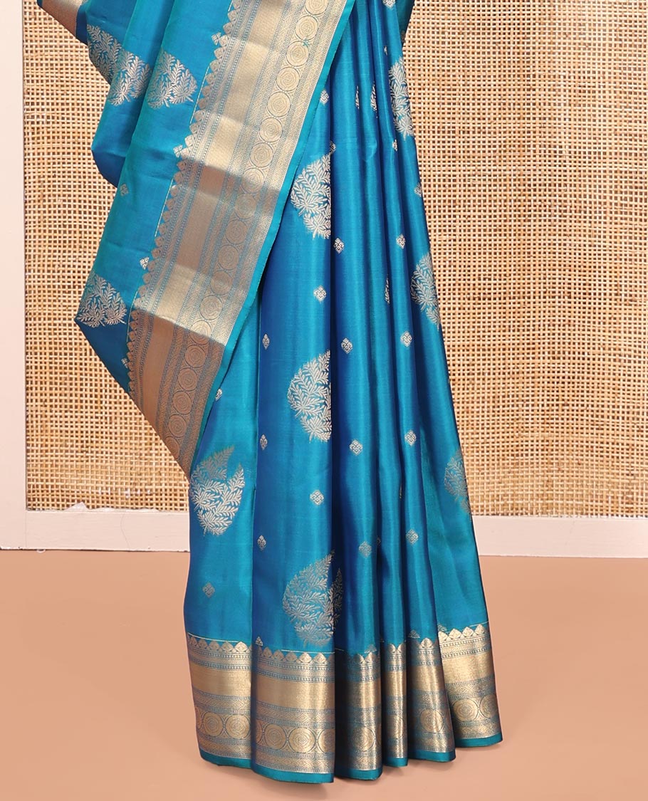Blue Vasundhara Silk Mix Saree, Detailed with Zari Buttas All Over Its Body, Highlighted by Zari Border of Diamond and Chakram Designs, Grand Vanki Design Pallu, and Paired with a Matching Blouse - Image 4