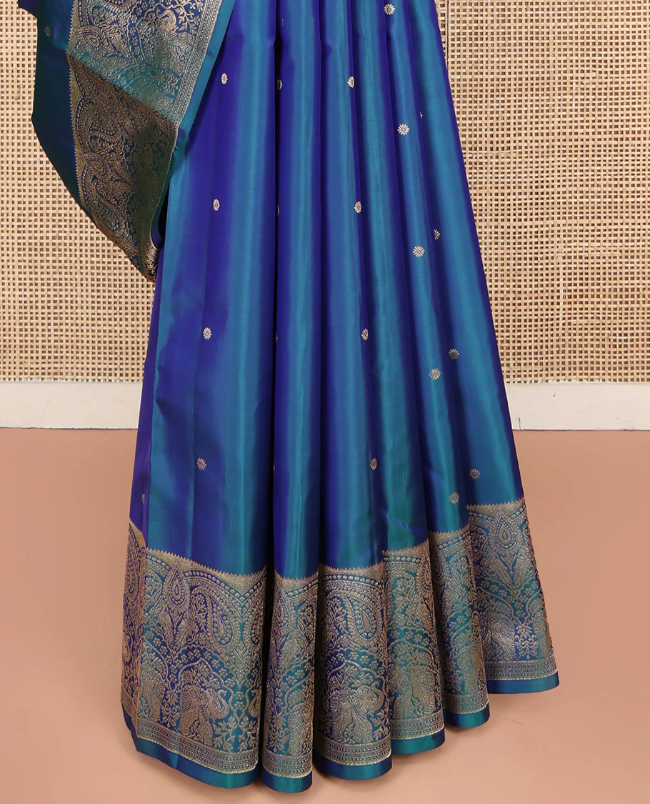 Blue Vasundhara Silk Saree, Accentuated with Zari Buttas All Over Its Body, Highlighted by a Zari Border of Manga and Yaanai Designs, Grand Geometric Patterned Pallu, and Paired with a Matching Blouse - Image 4