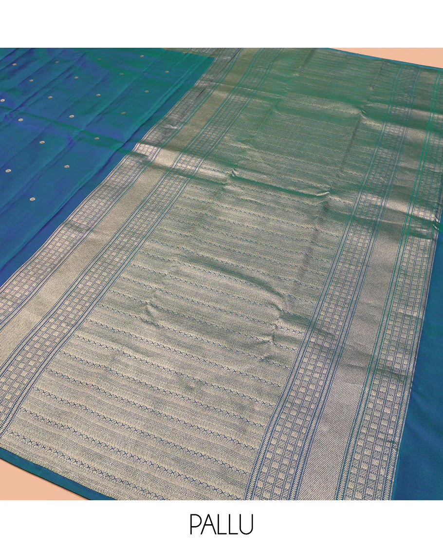 Blue Vasundhara Silk Saree, Accentuated with Zari Buttas All Over Its Body, Highlighted by a Zari Border of Manga and Yaanai Designs, Grand Geometric Patterned Pallu, and Paired with a Matching Blouse - Image 5