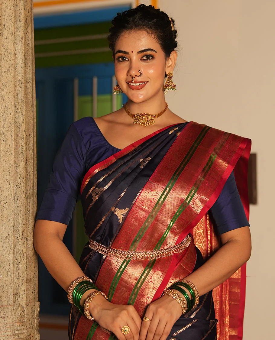 Blue Vasundhara Silk Saree, Accentuated with Zari Buttas and Stripes All Over Its Body, Complemented by a Contrast Border of Elephant, Mayil, and Chakram Designs, a Grand Pallu, and Paired with a Contrast Blouse - Image 2
