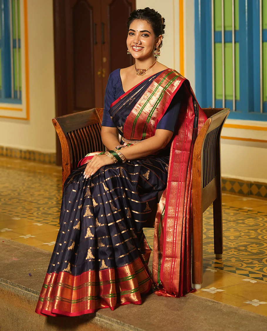 Blue Vasundhara Silk Saree, Accentuated with Zari Buttas and Stripes All Over Its Body, Complemented by a Contrast Border of Elephant, Mayil, and Chakram Designs, a Grand Pallu, and Paired with a Contrast Blouse - Image 5