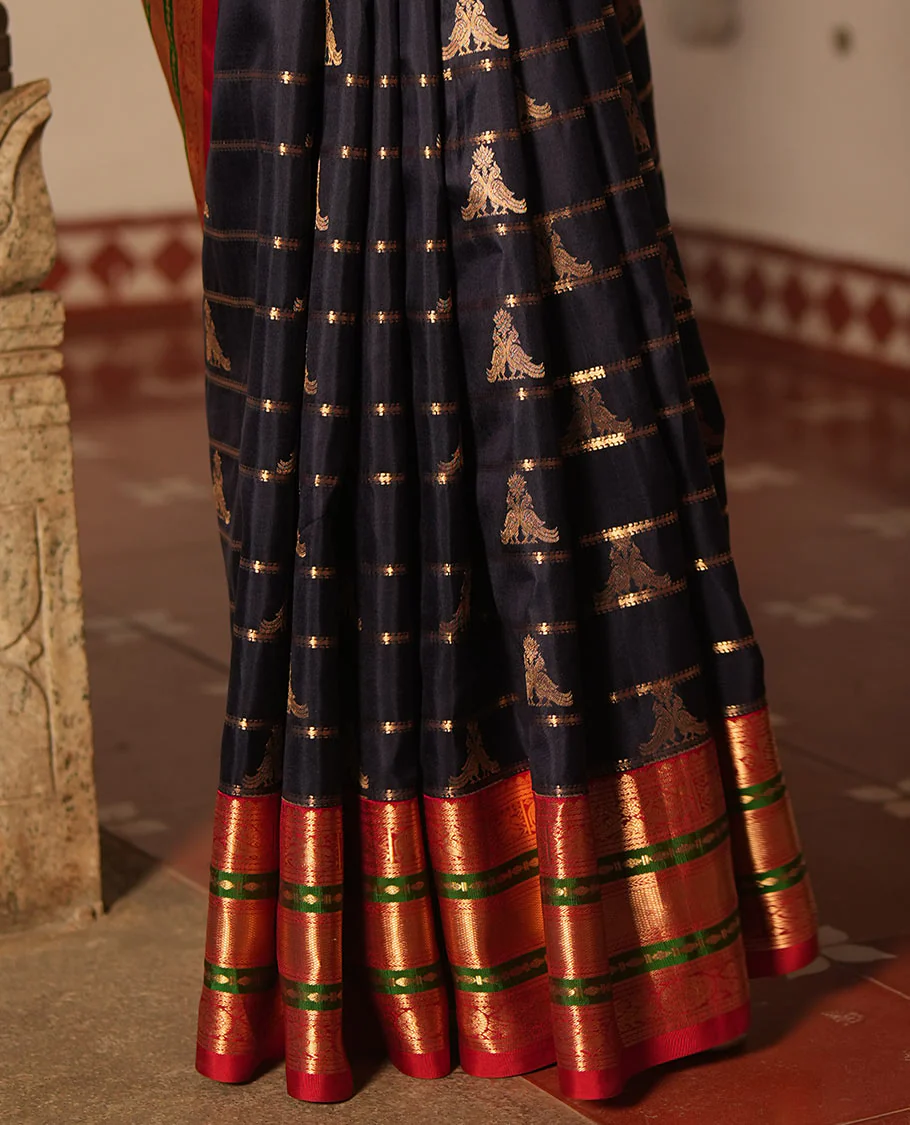 Blue Vasundhara Silk Saree, Accentuated with Zari Buttas and Stripes All Over Its Body, Complemented by a Contrast Border of Elephant, Mayil, and Chakram Designs, a Grand Pallu, and Paired with a Contrast Blouse - Image 6