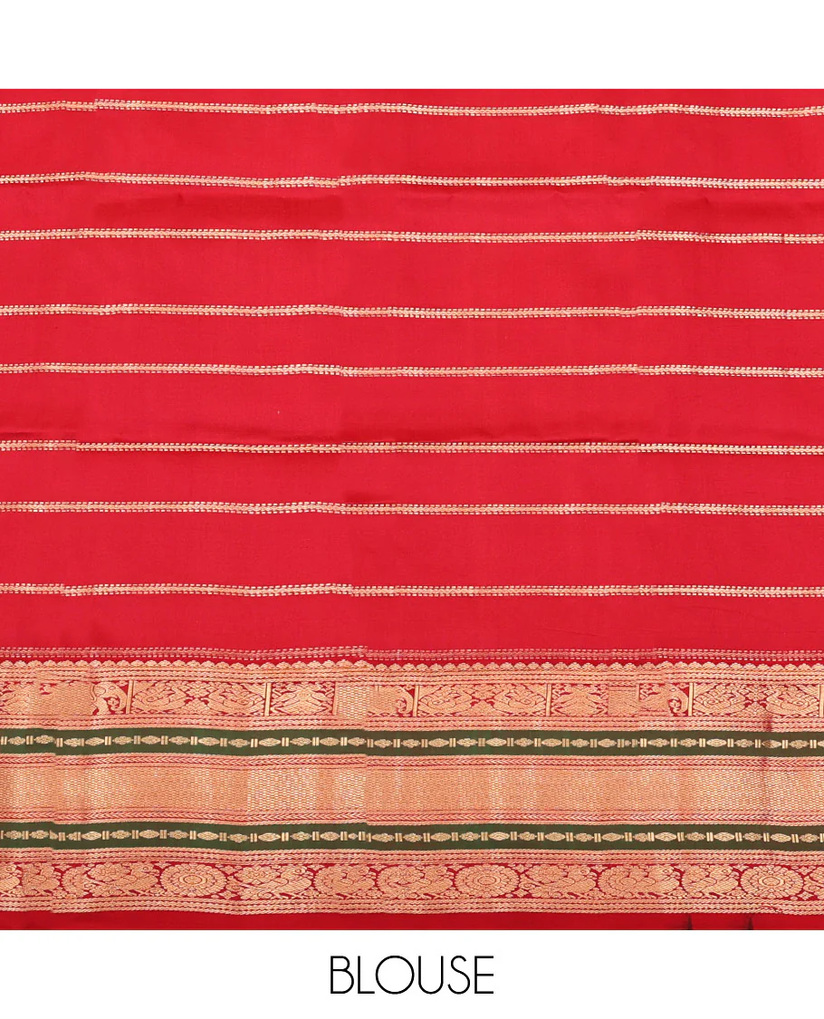 Blue Vasundhara Silk Saree, Accentuated with Zari Buttas and Stripes All Over Its Body, Complemented by a Contrast Border of Elephant, Mayil, and Chakram Designs, a Grand Pallu, and Paired with a Contrast Blouse - Image 7