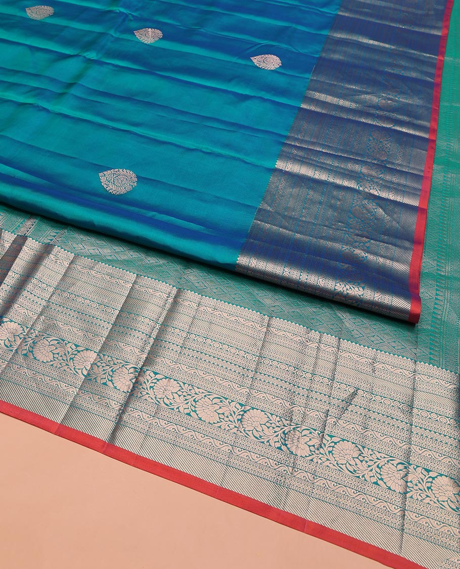 Blue Vasundhara Silk Saree, Accentuated with Zari Buttas on Its Body, Highlighted by a Zari Border of Rekku, Muthu, Diamond, and Kodi Visiry Designs, Grandly Woven Jaal Pallu, and Paired with a Matching Blouse - Image 2
