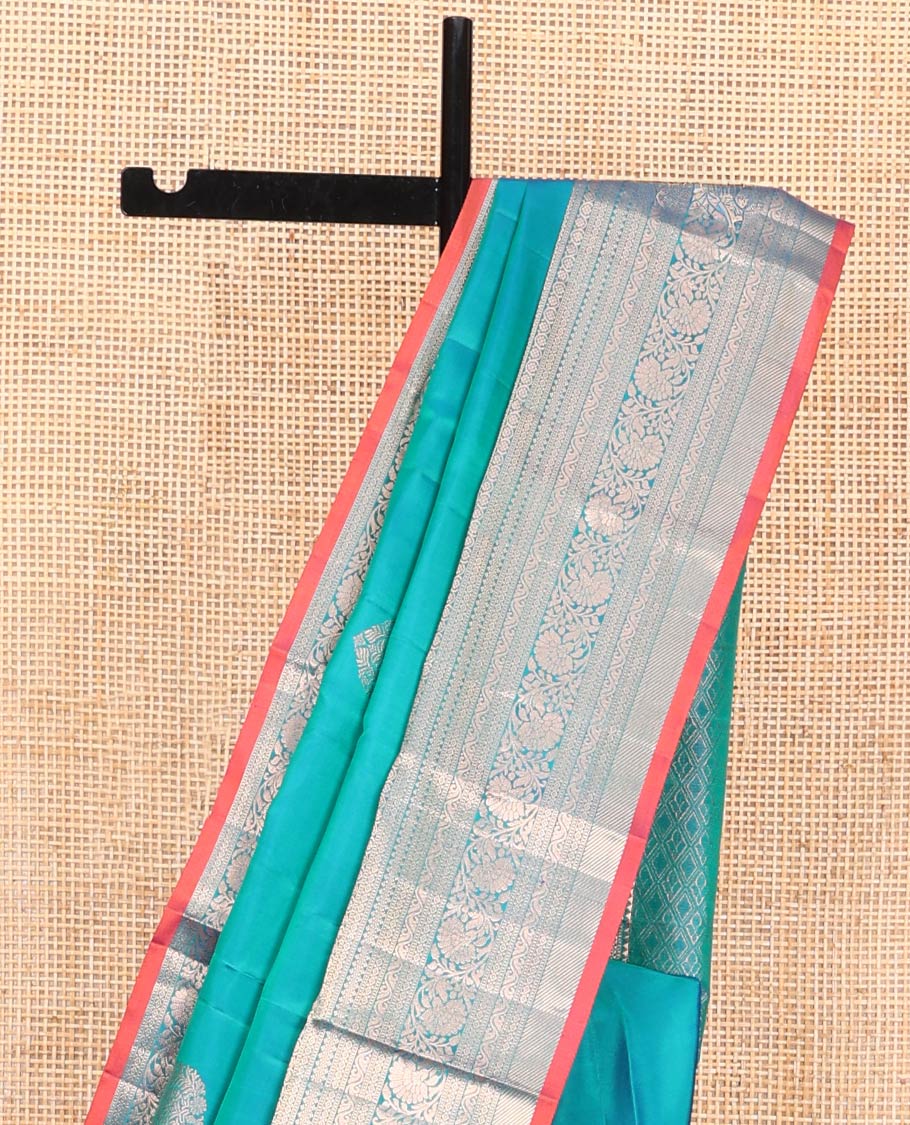 Blue Vasundhara Silk Saree, Accentuated with Zari Buttas on Its Body, Highlighted by a Zari Border of Rekku, Muthu, Diamond, and Kodi Visiry Designs, Grandly Woven Jaal Pallu, and Paired with a Matching Blouse - Image 3