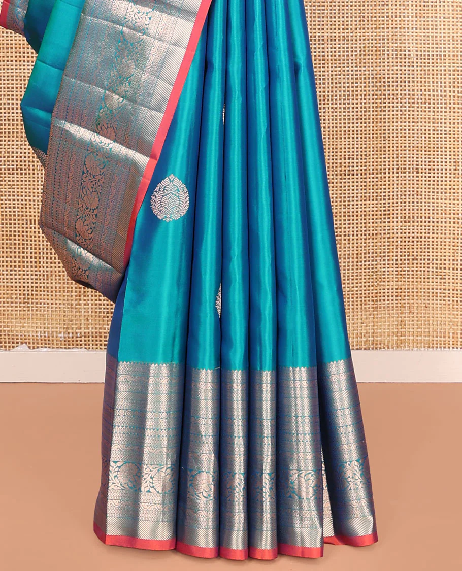 Blue Vasundhara Silk Saree, Accentuated with Zari Buttas on Its Body, Highlighted by a Zari Border of Rekku, Muthu, Diamond, and Kodi Visiry Designs, Grandly Woven Jaal Pallu, and Paired with a Matching Blouse - Image 4