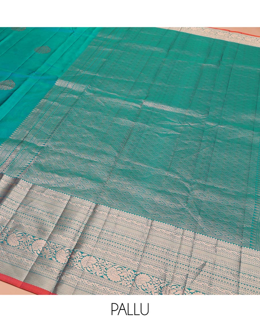 Blue Vasundhara Silk Saree, Accentuated with Zari Buttas on Its Body, Highlighted by a Zari Border of Rekku, Muthu, Diamond, and Kodi Visiry Designs, Grandly Woven Jaal Pallu, and Paired with a Matching Blouse - Image 5