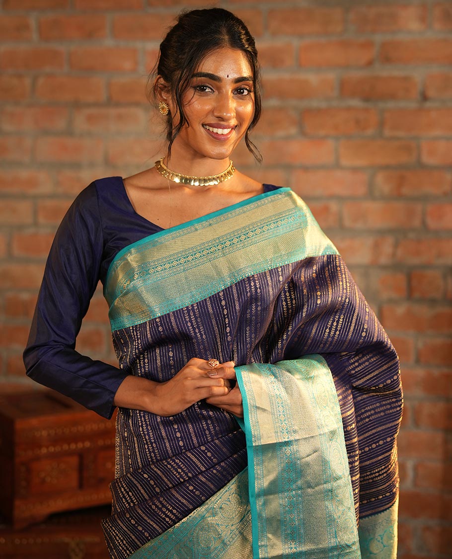 Blue Vasundhara Silk Saree Adorned with Jacquard Design Weave All Over Its Body, Complemented by a Contrast Border of Rekku, Muthu, Laddu Kamalam, Then Kuli Kann, and Dhavana Kodi Designs, Artfully Zari Woven Pallu, and Paired with a Contrast Blouse - Image 6
