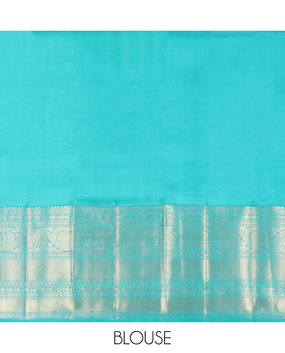 Blue Vasundhara Silk Saree Adorned with Jacquard Design Weave All Over Its Body, Complemented by a Contrast Border of Rekku, Muthu, Laddu Kamalam, Then Kuli Kann, and Dhavana Kodi Designs, Artfully Zari Woven Pallu, and Paired with a Contrast Blouse - Image 8