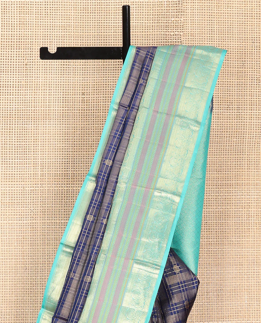 Blue Vasundhara Silk Saree, Adorned with Zari Buttas Enclosed Checks All Over Its Body, Complemented by a Contrast Border of Kathir, Muthu, and Rudraksham Designs, Grand Intricate Pallu, and Paired with a Contrast Blouse - Image 10