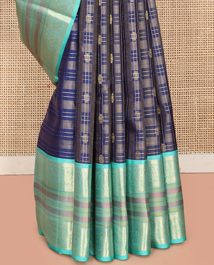 Blue Vasundhara Silk Saree, Adorned with Zari Buttas Enclosed Checks All Over Its Body, Complemented by a Contrast Border of Kathir, Muthu, and Rudraksham Designs, Grand Intricate Pallu, and Paired with a Contrast Blouse - Image 11