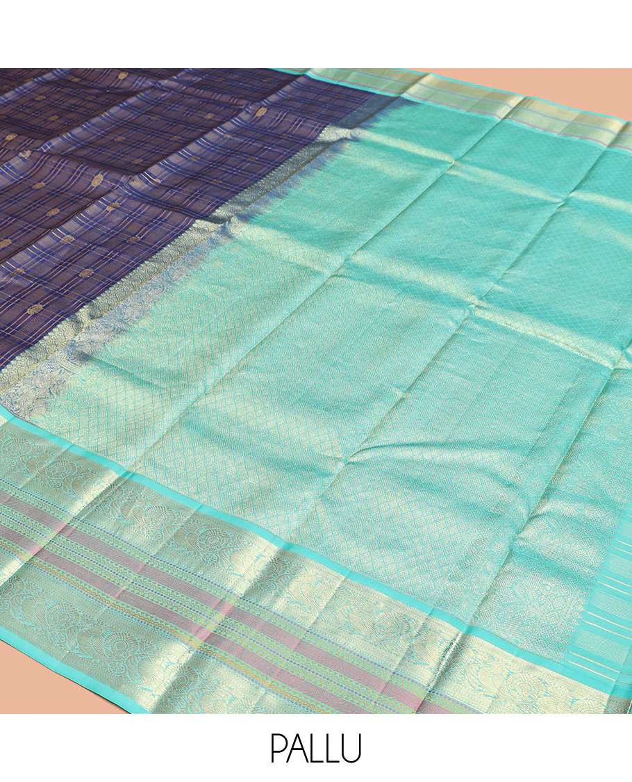 Blue Vasundhara Silk Saree, Adorned with Zari Buttas Enclosed Checks All Over Its Body, Complemented by a Contrast Border of Kathir, Muthu, and Rudraksham Designs, Grand Intricate Pallu, and Paired with a Contrast Blouse - Image 12