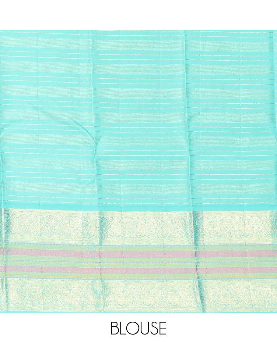 Blue Vasundhara Silk Saree, Adorned with Zari Buttas Enclosed Checks All Over Its Body, Complemented by a Contrast Border of Kathir, Muthu, and Rudraksham Designs, Grand Intricate Pallu, and Paired with a Contrast Blouse - Image 13