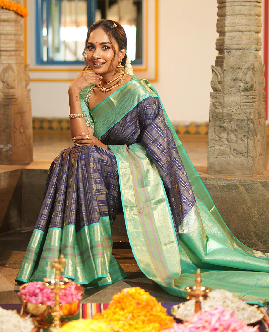 Blue Vasundhara Silk Saree, Adorned with Zari Buttas Enclosed Checks All Over Its Body, Complemented by a Contrast Border of Kathir, Muthu, and Rudraksham Designs, Grand Intricate Pallu, and Paired with a Contrast Blouse - Image 7