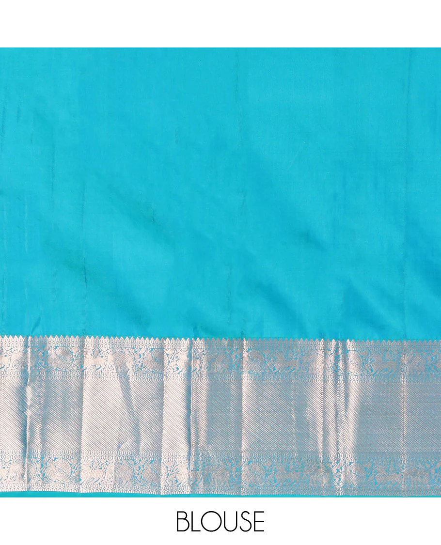 Blue Vasundhara Silk Saree, Beautifully Bedecked with Zig-Zag Stripes All Over Its Body, Highlighted by a Zari Border of Rekku, Muthu, Neli, Mayil, and Yaali Designs, Grand Jaal Pallu, and Paired with a Matching Blouse - Image 6