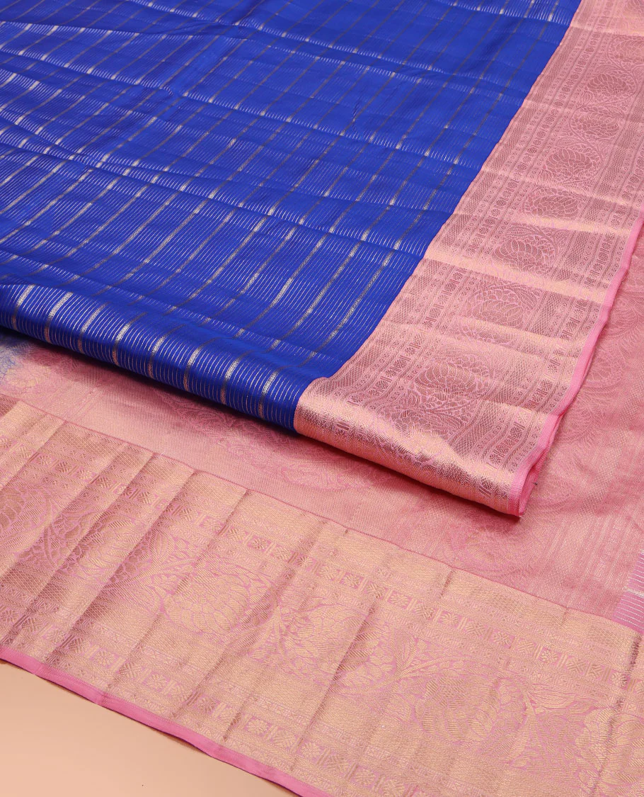 Blue Vasundhara Silk Saree, Beautifully Embellished with Zari Stripes All Over Its Body, Complemented by Contrast Border of Mayil Kann, Rudraksham, and Kodi Visiry Designs, Intricately Designed Pallu, and Paired with a Contrast Blouse - Image 2