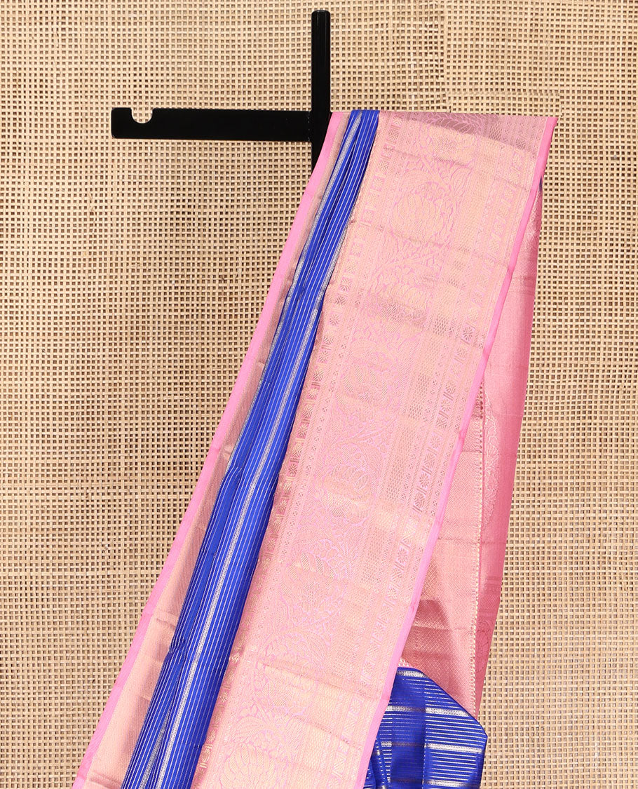 Blue Vasundhara Silk Saree, Beautifully Embellished with Zari Stripes All Over Its Body, Complemented by Contrast Border of Mayil Kann, Rudraksham, and Kodi Visiry Designs, Intricately Designed Pallu, and Paired with a Contrast Blouse - Image 3
